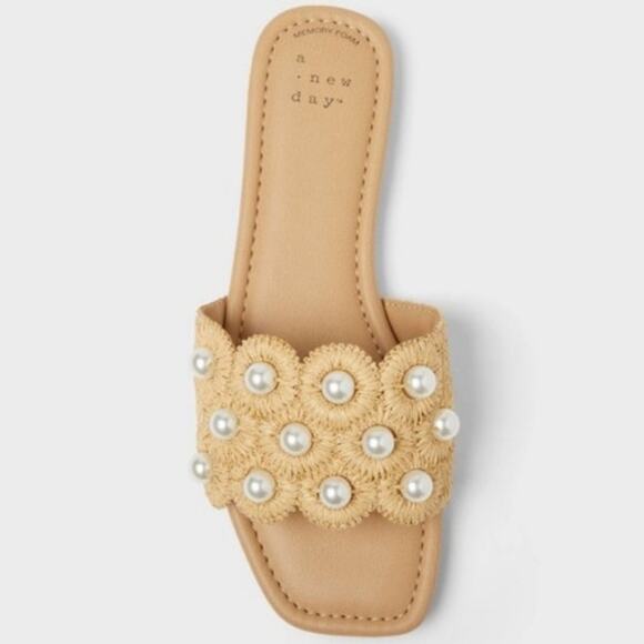 A New Day Delaney Ornament Pearl Slide Sandals Memory Foam Insole Tan 9.5 - Picture 2 of 7